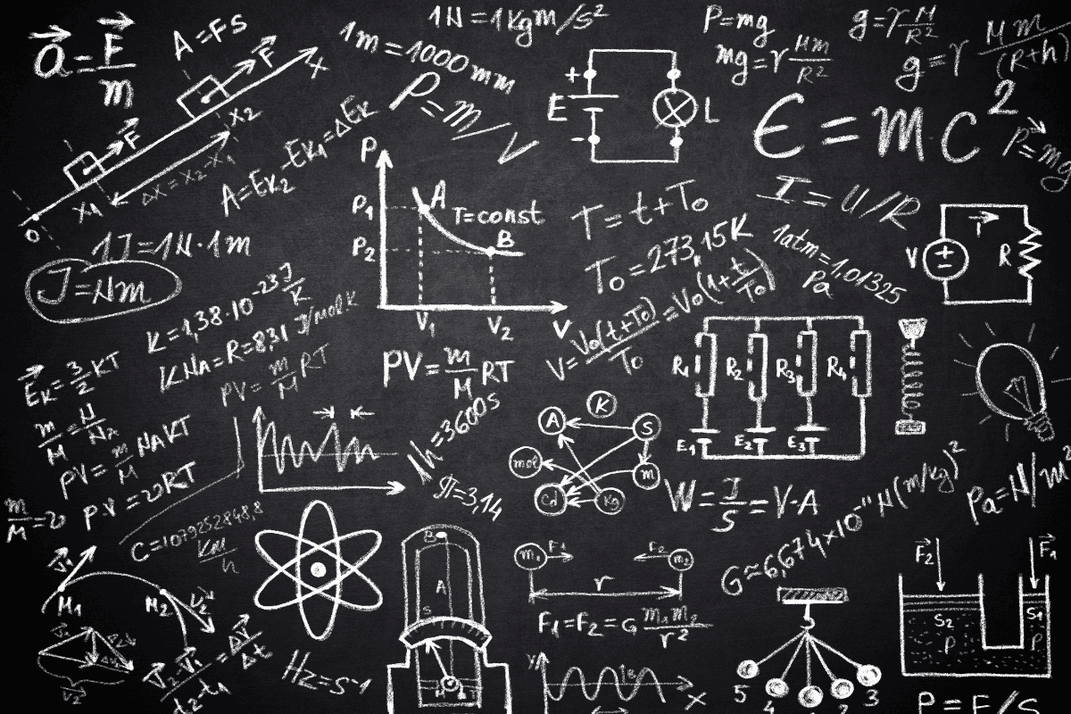 A blackboard covered in physics equations
